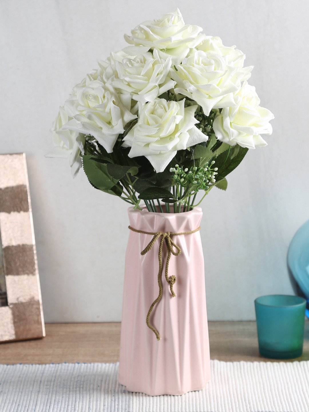 

Fourwalls Set of 2 White Large Blooming Artificial Velvet Rose Flower Bouquet Without Pot