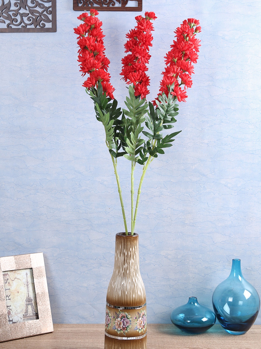 

Fourwalls Set Of 3 Red Artificial Chrysanthemum Flower Stems without pot