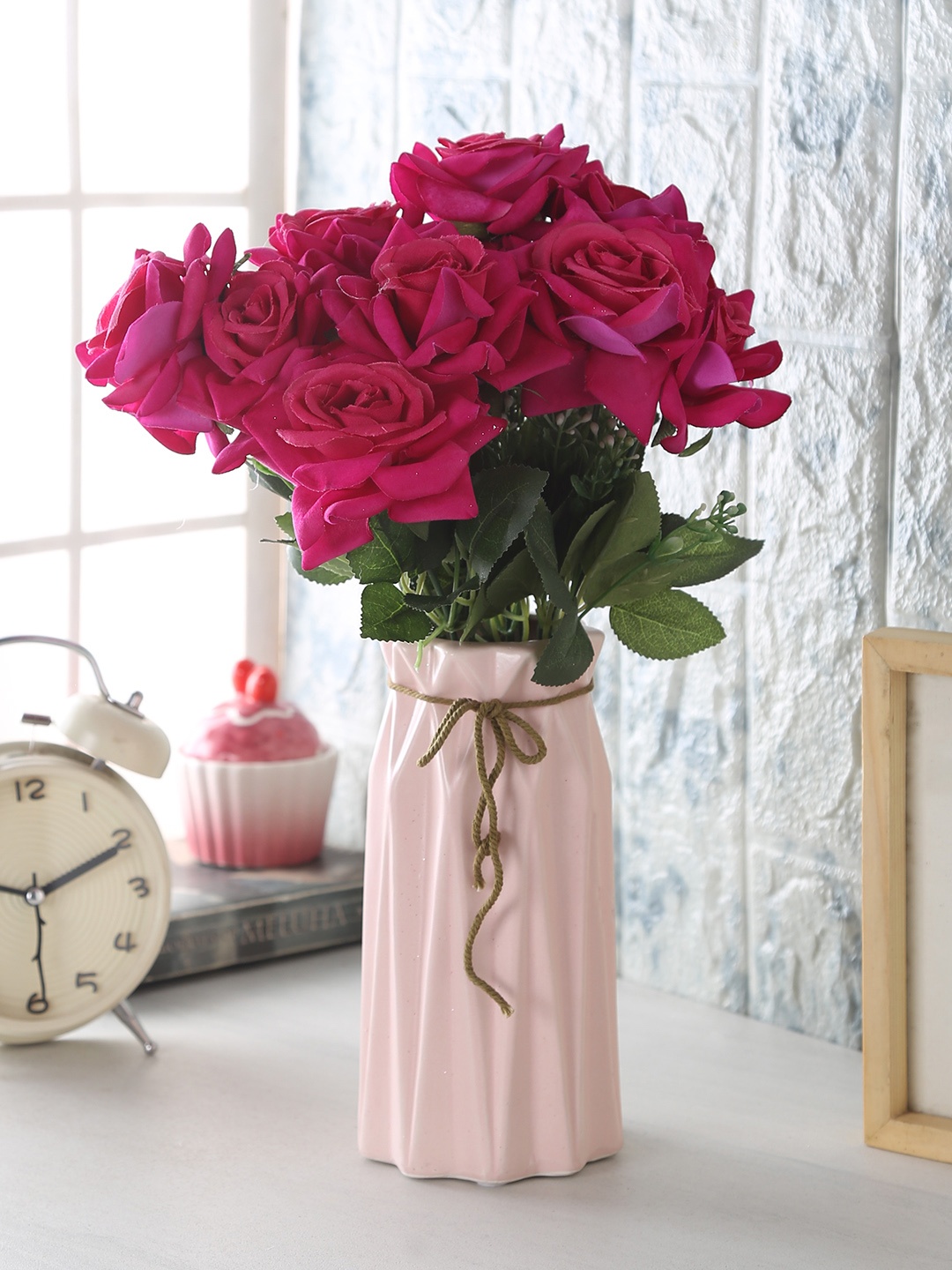 

Fourwalls Set of 2 Pink Large Blooming Artificial Velvet Rose Flower Bouquet Without Pot