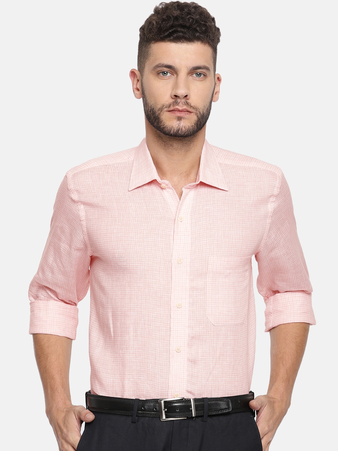 

Arrow Men Pink & White Regular Fit Self-Checked Formal Linen Shirt