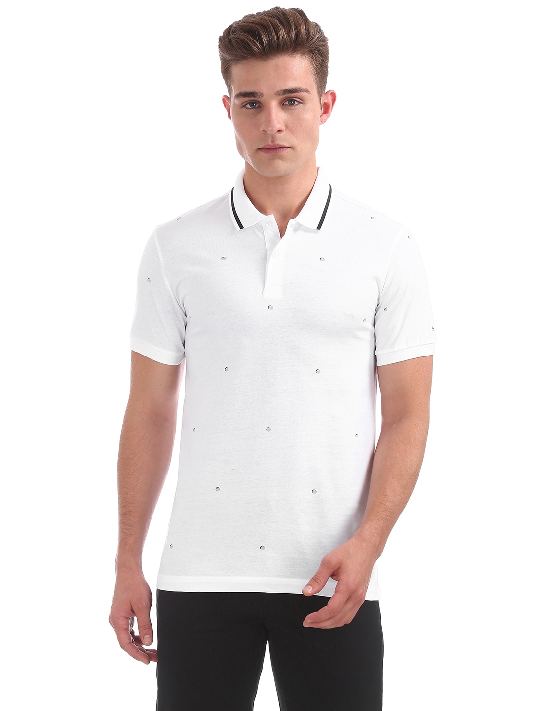 

Arrow Men White Printed Polo Collar Pure Cotton T-shirt