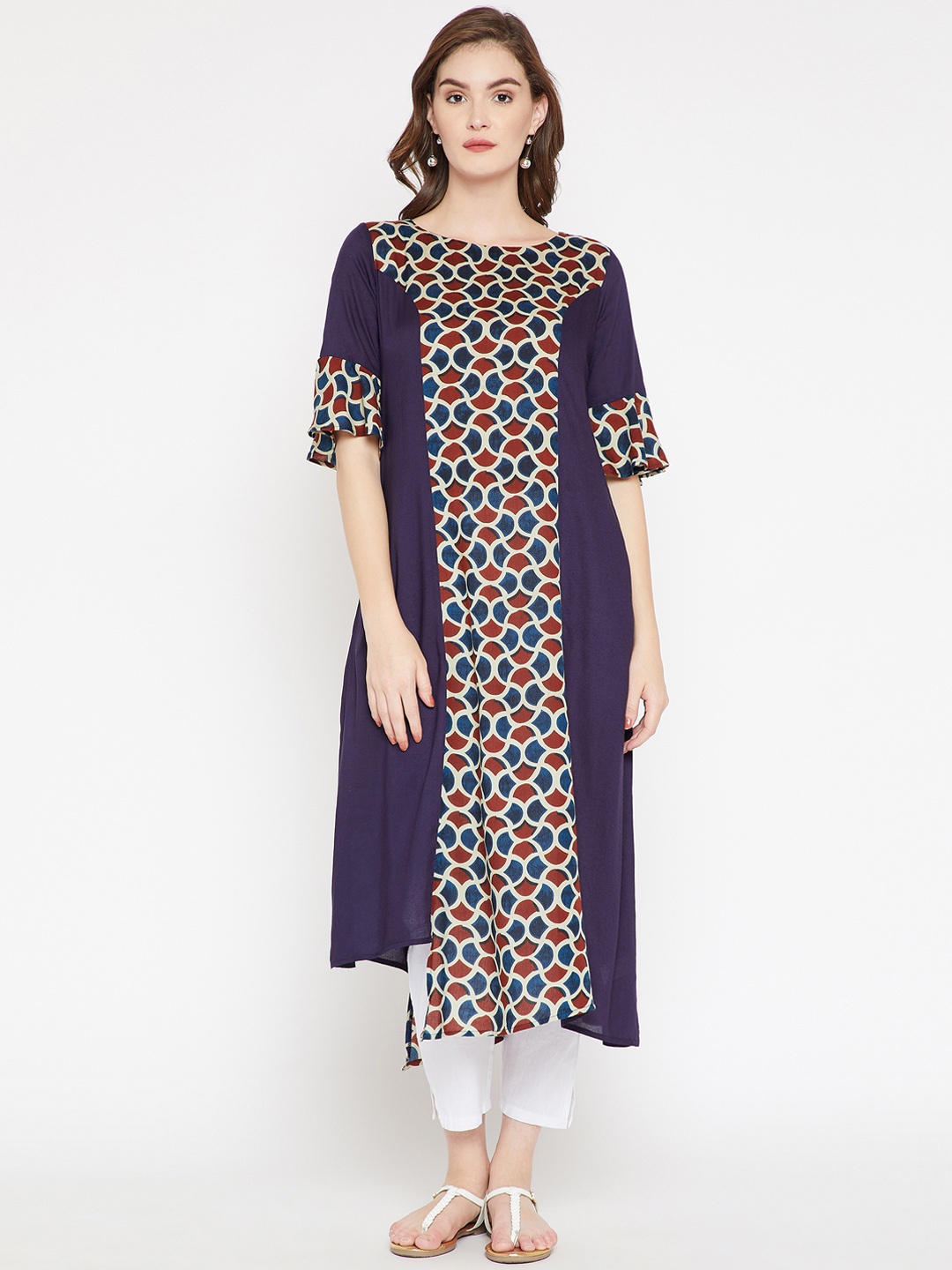 

RARE ROOTS Women Purple & Navy Blue Printed A-Line Kurta