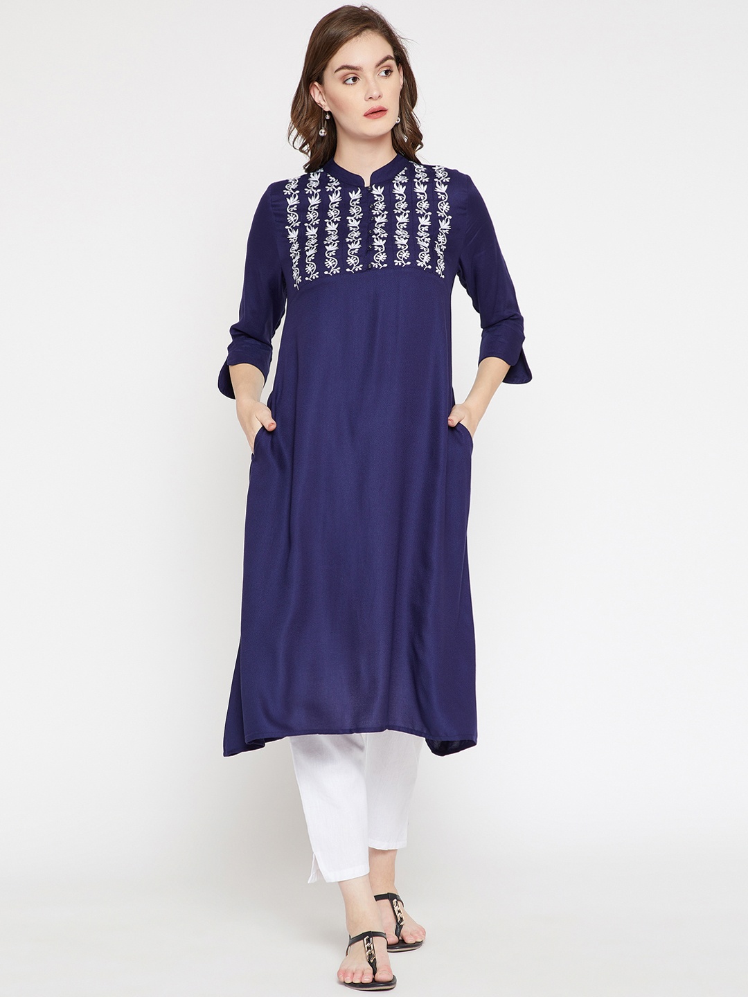 

RARE ROOTS Women Navy Blue Embroidered A-Line Kurta