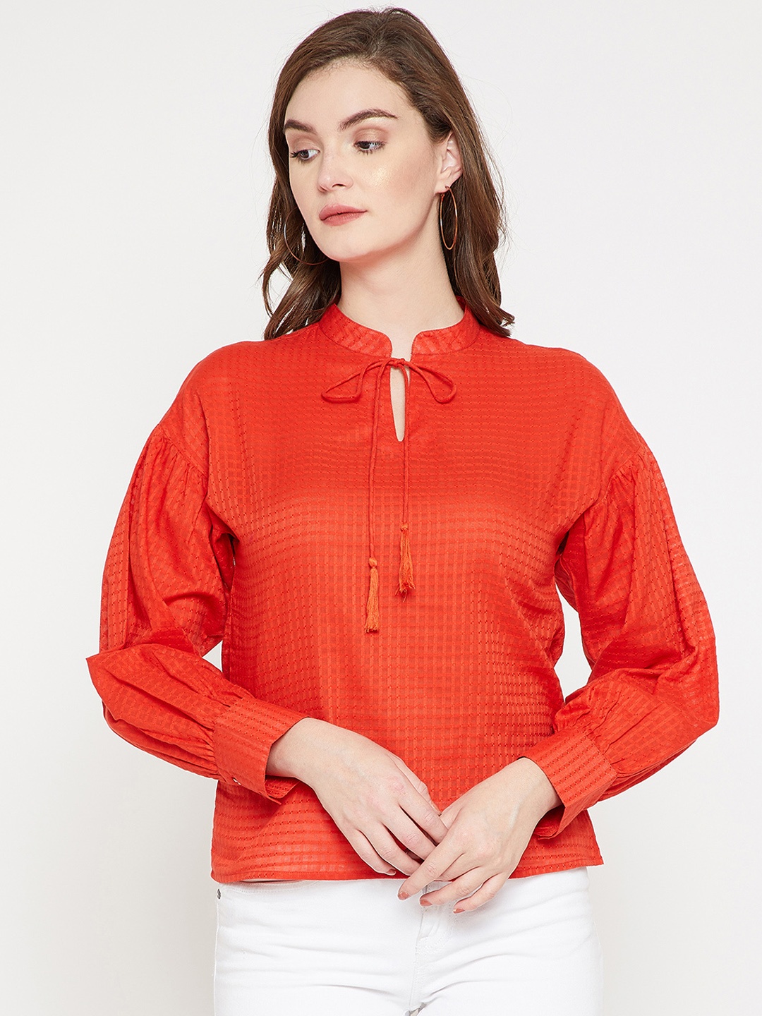 

RARE ROOTS Coral Red Self Design Pure Cotton Top