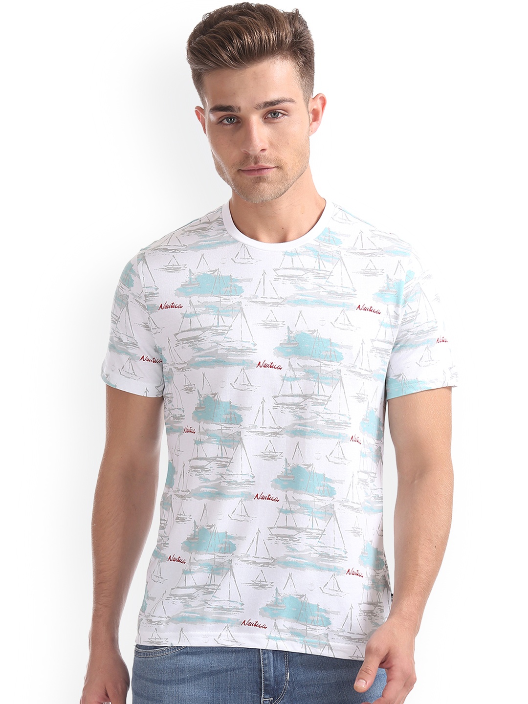 

Nautica Men White Blue Printed Round Neck Pure Cotton T-shirt