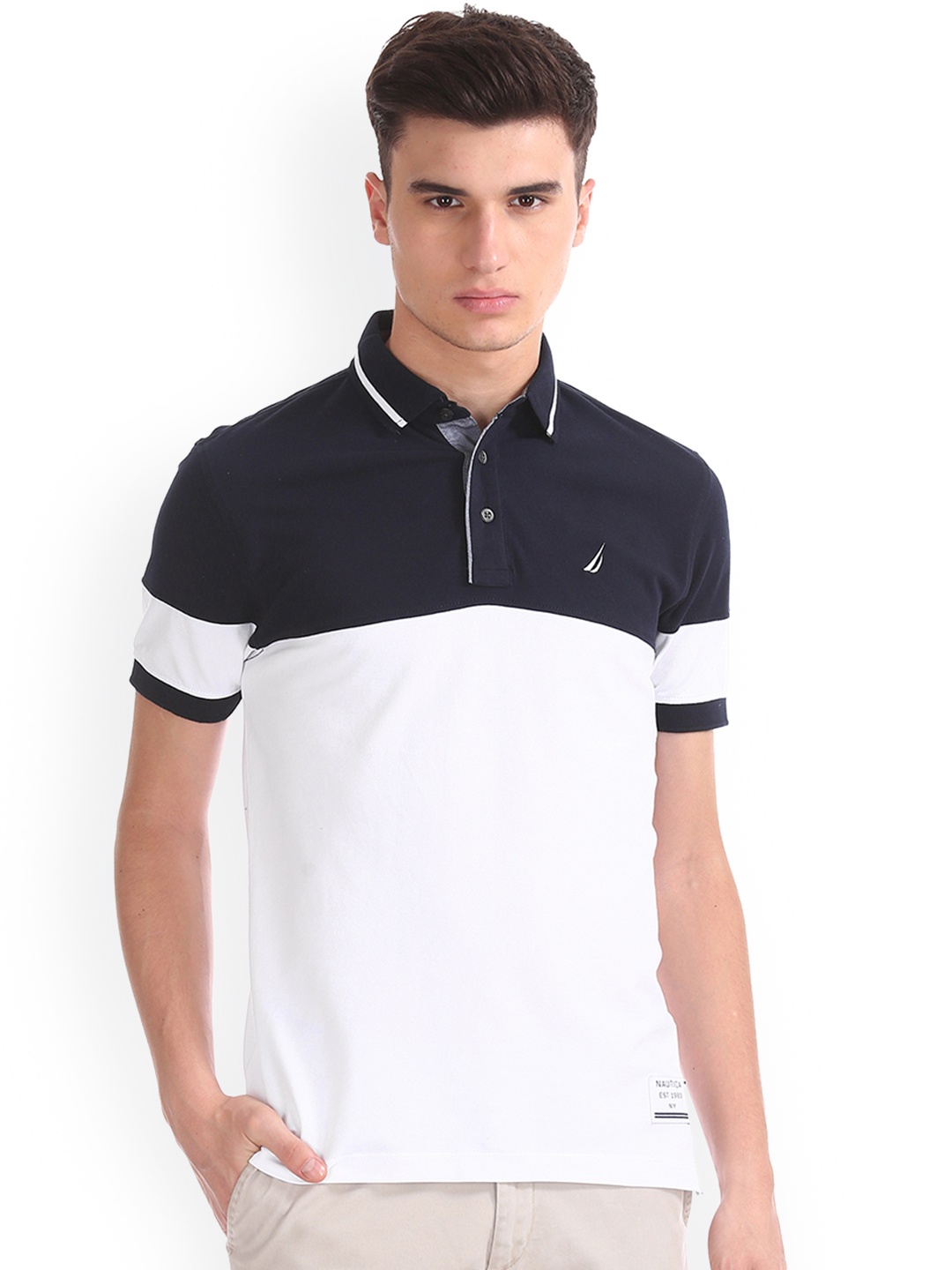 

Nautica Men White & Navy Colourblocked Polo Collar T-shirt