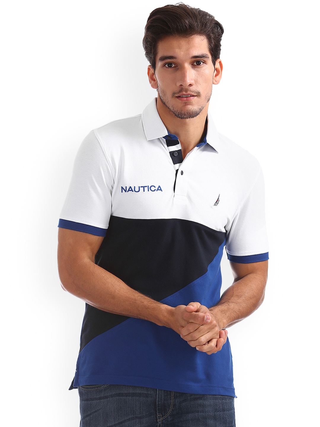 

Nautica Men White & Blue Colourblocked Polo Collar T-shirt