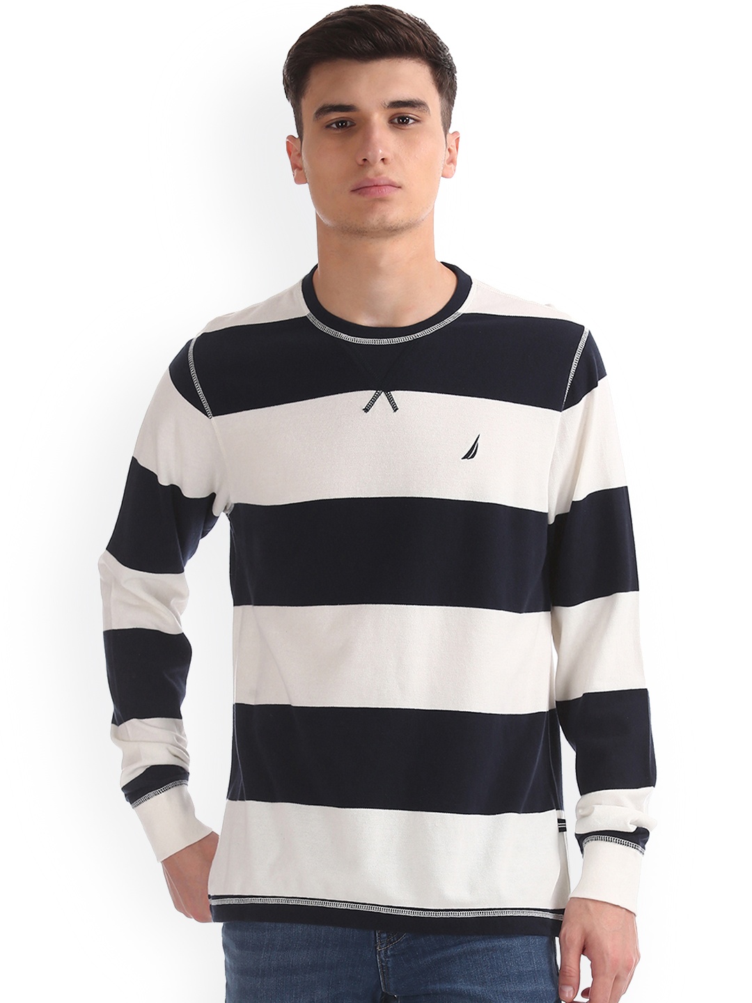 

Nautica Men White Navy Striped Round Neck Pure Cotton T-shirt