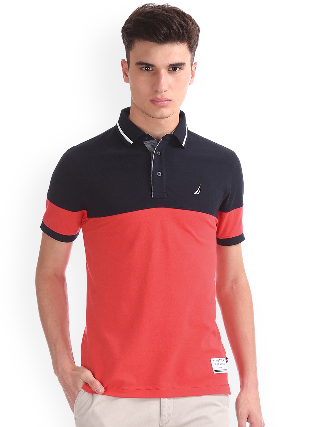 

Nautica Men Pink & Navy Colourblocked Polo Collar T-shirt