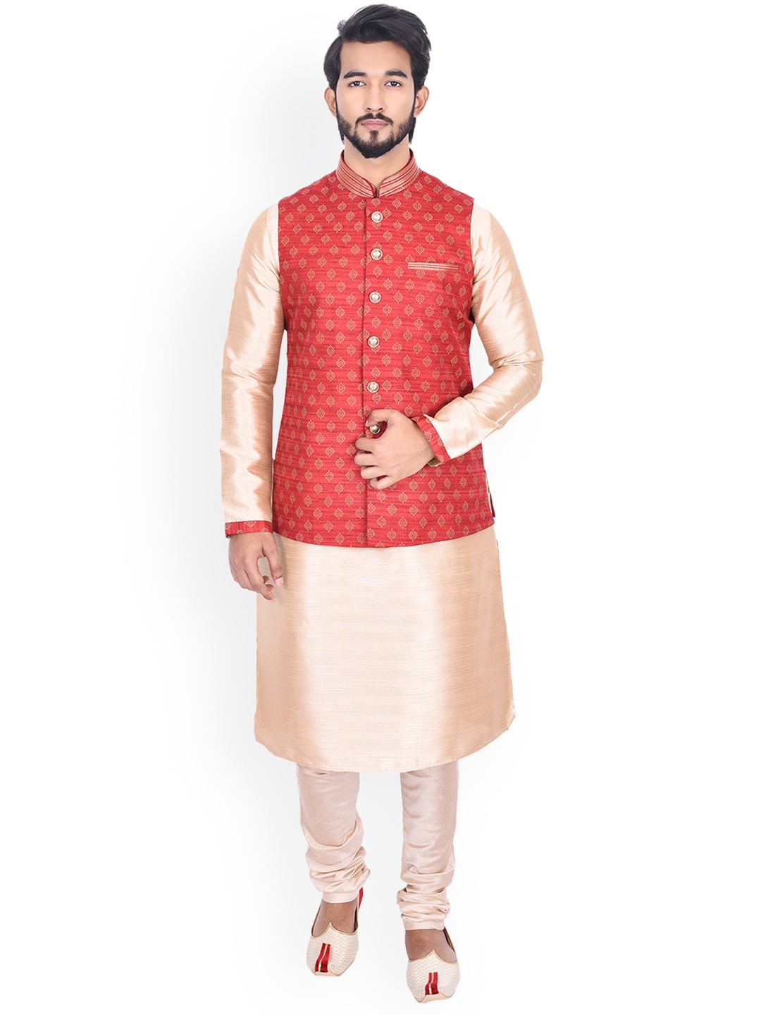 

Manyavar Men Beige & Red Self Design Kurta with Churidar & Nehru Jacket