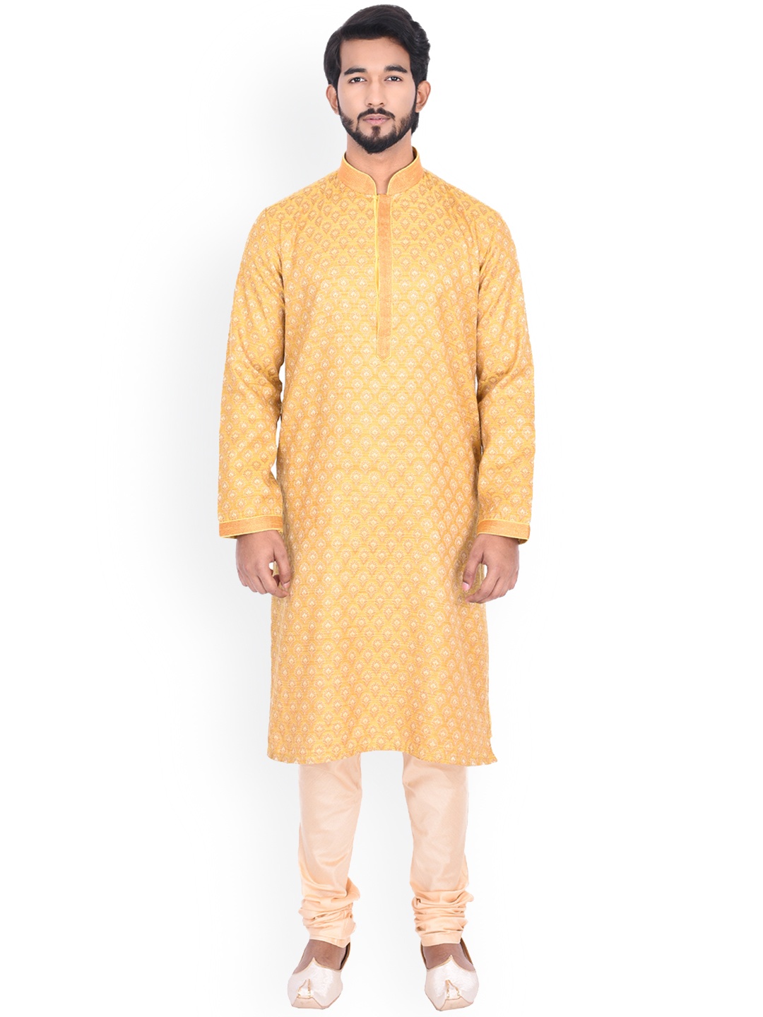 

Manyavar Men Yellow & Beige Self Design Kurta with Churidar