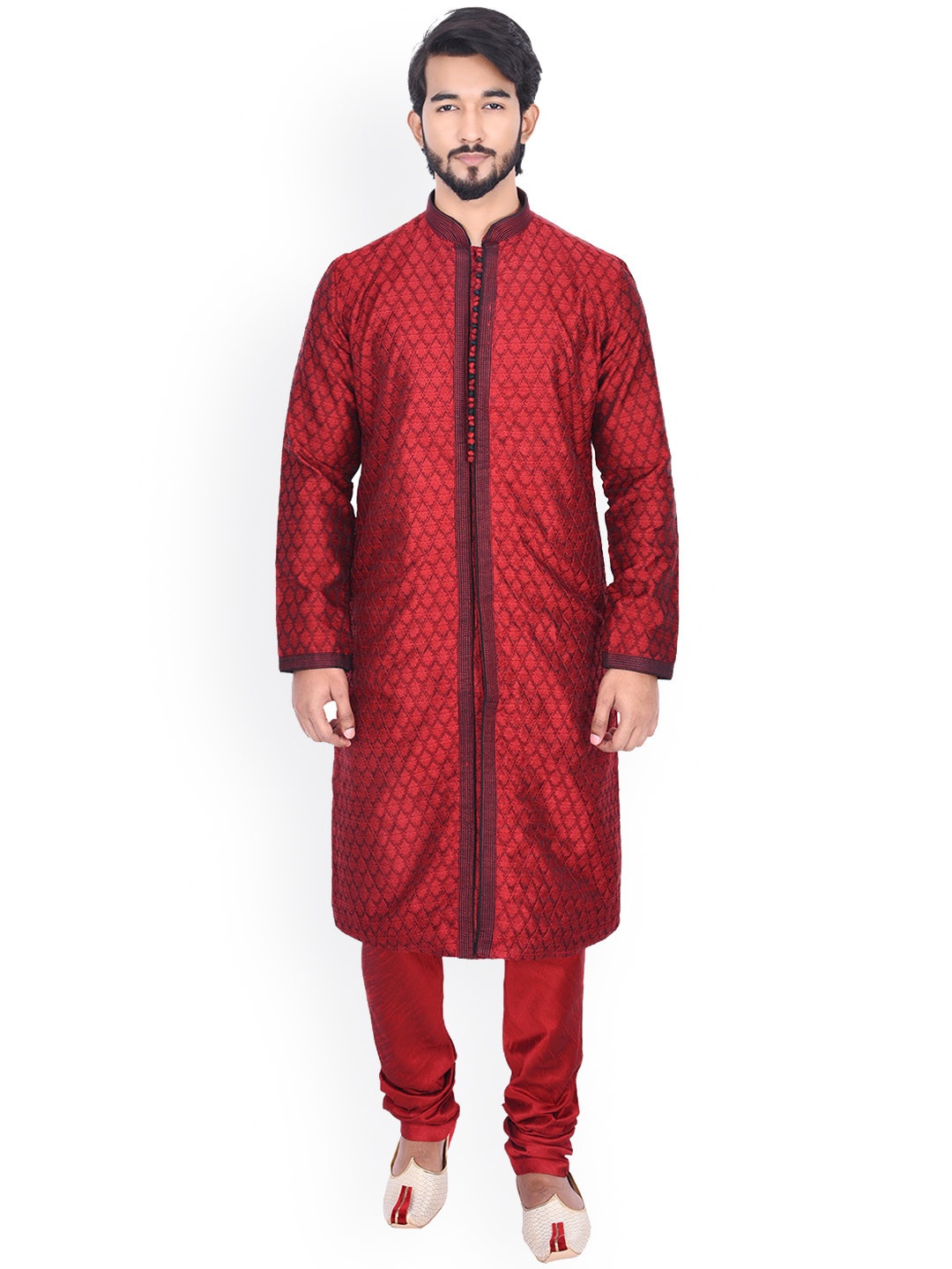 

Manyavar Men Maroon Self Design Kurta with Churidar