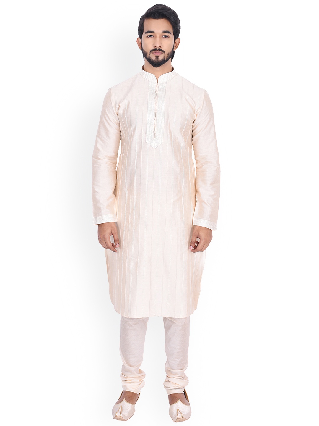 

Manyavar Men Off-White Self Striped Kurta with Churidar