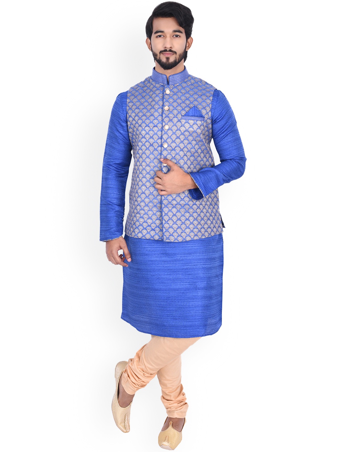 

Manu Men Blue Self Design Kurta with Churidar & Nehru Jacket