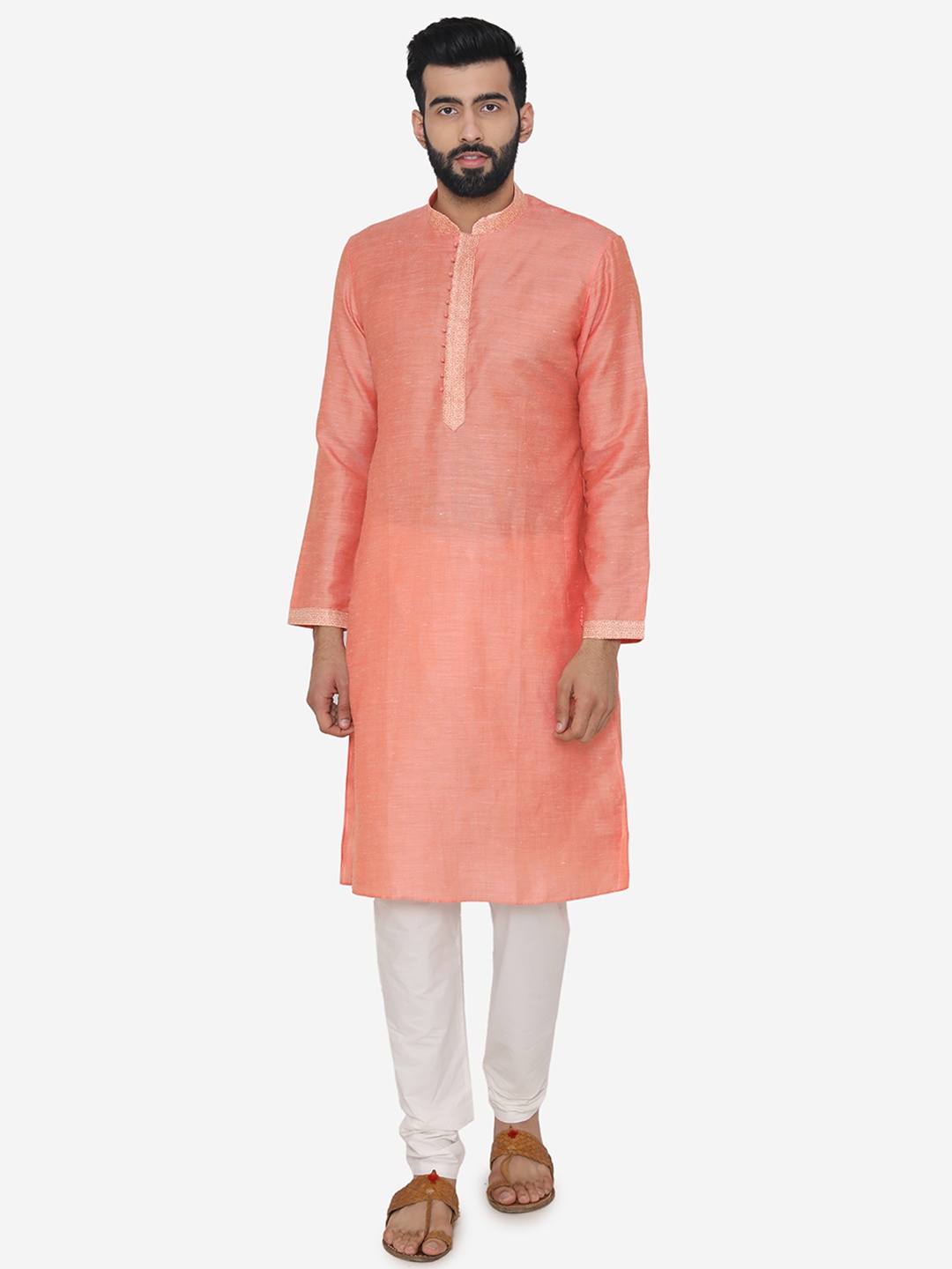 

Manyavar Men Peach-Coloured & Off-White Self Design Kurta with Churidar
