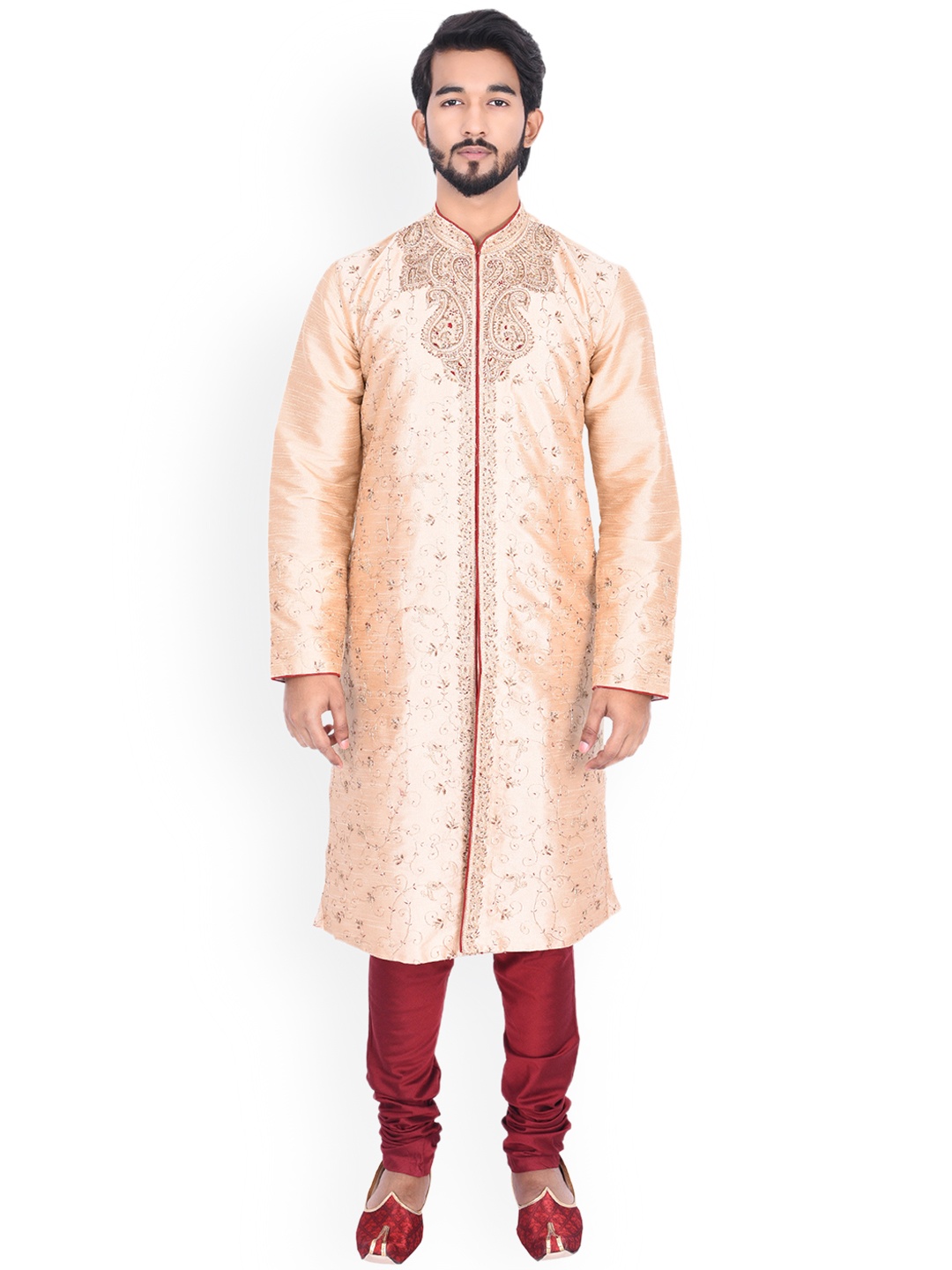 

Manyavar Men Beige & Maroon Self Design Kurta with Churidar