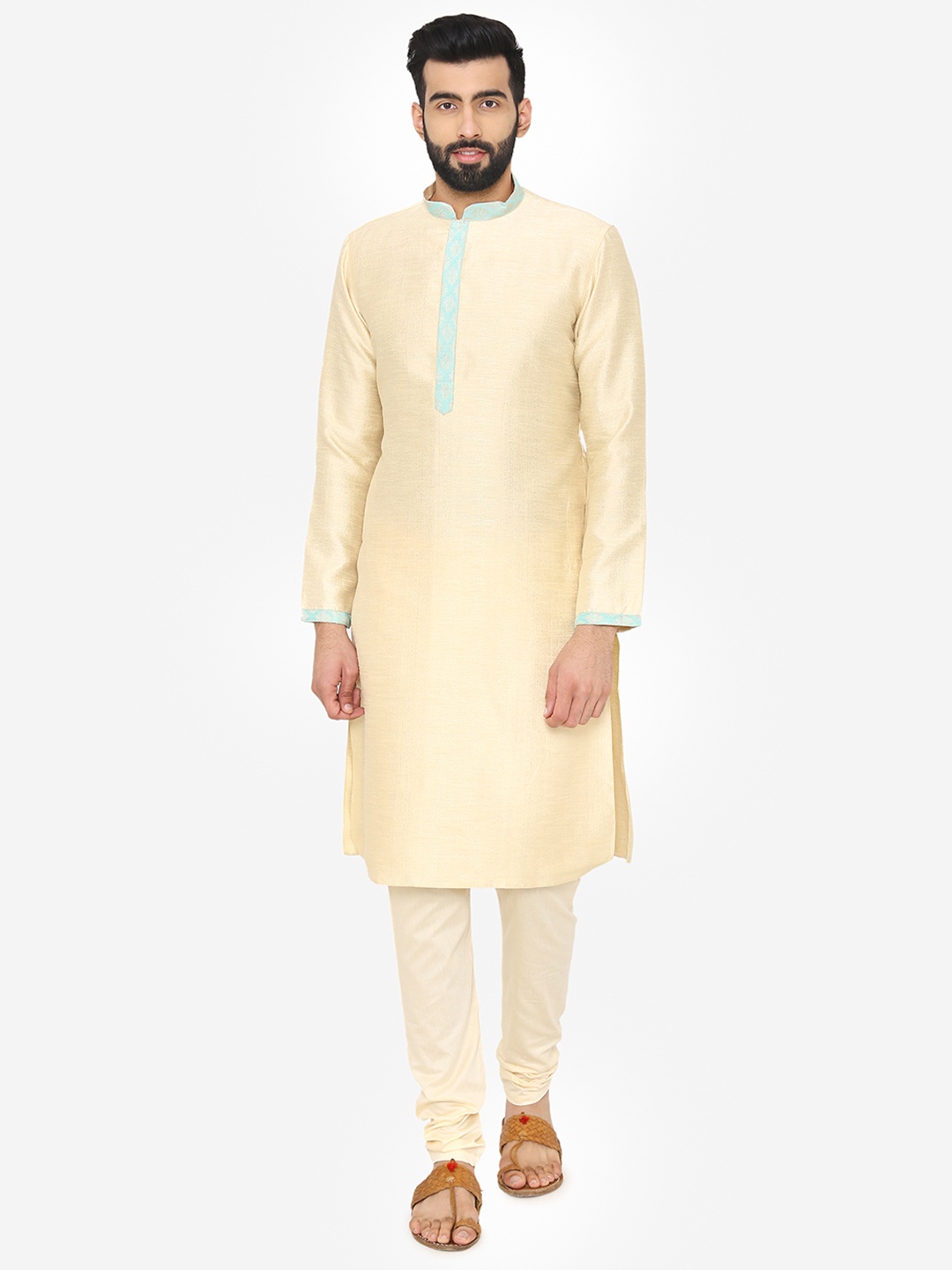 

Manyavar Men Beige & Blue Self Design Kurta with Churidar & Nehru Jacket