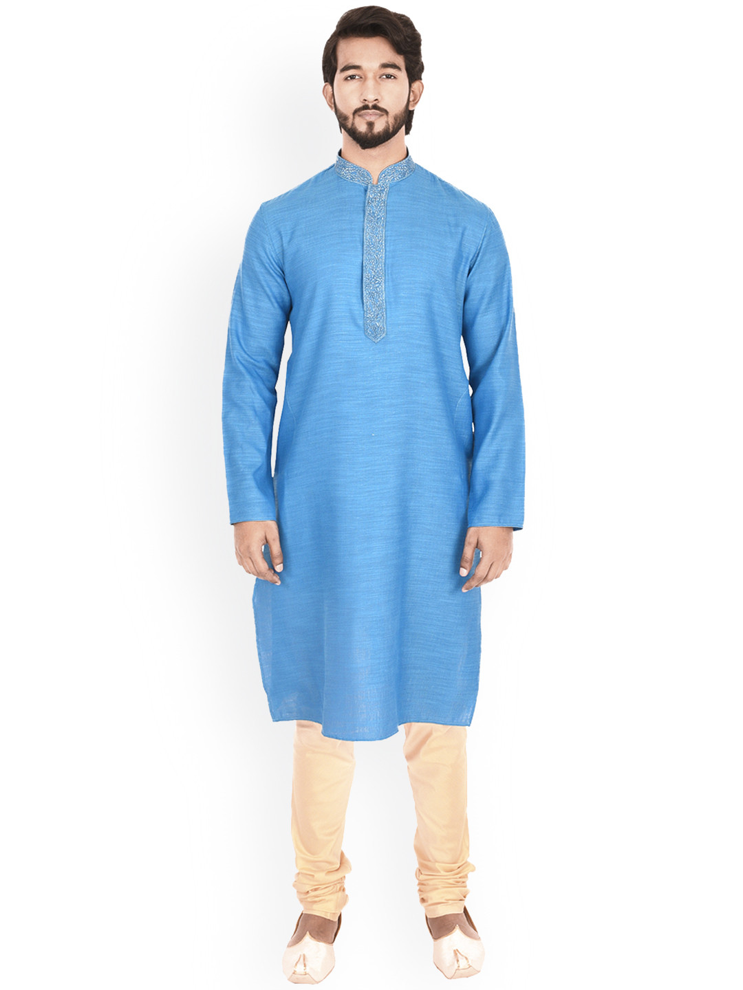 

Manyavar Men Blue & Beige Self Design Kurta with Churidar