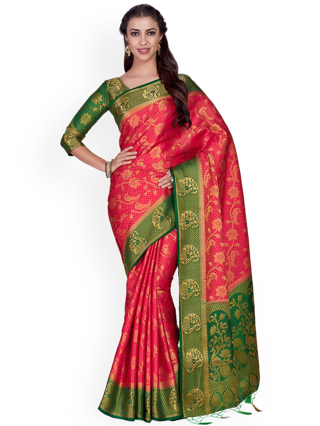 

MIMOSA Coral Red & Green Woven Design Kanjeevaram Saree