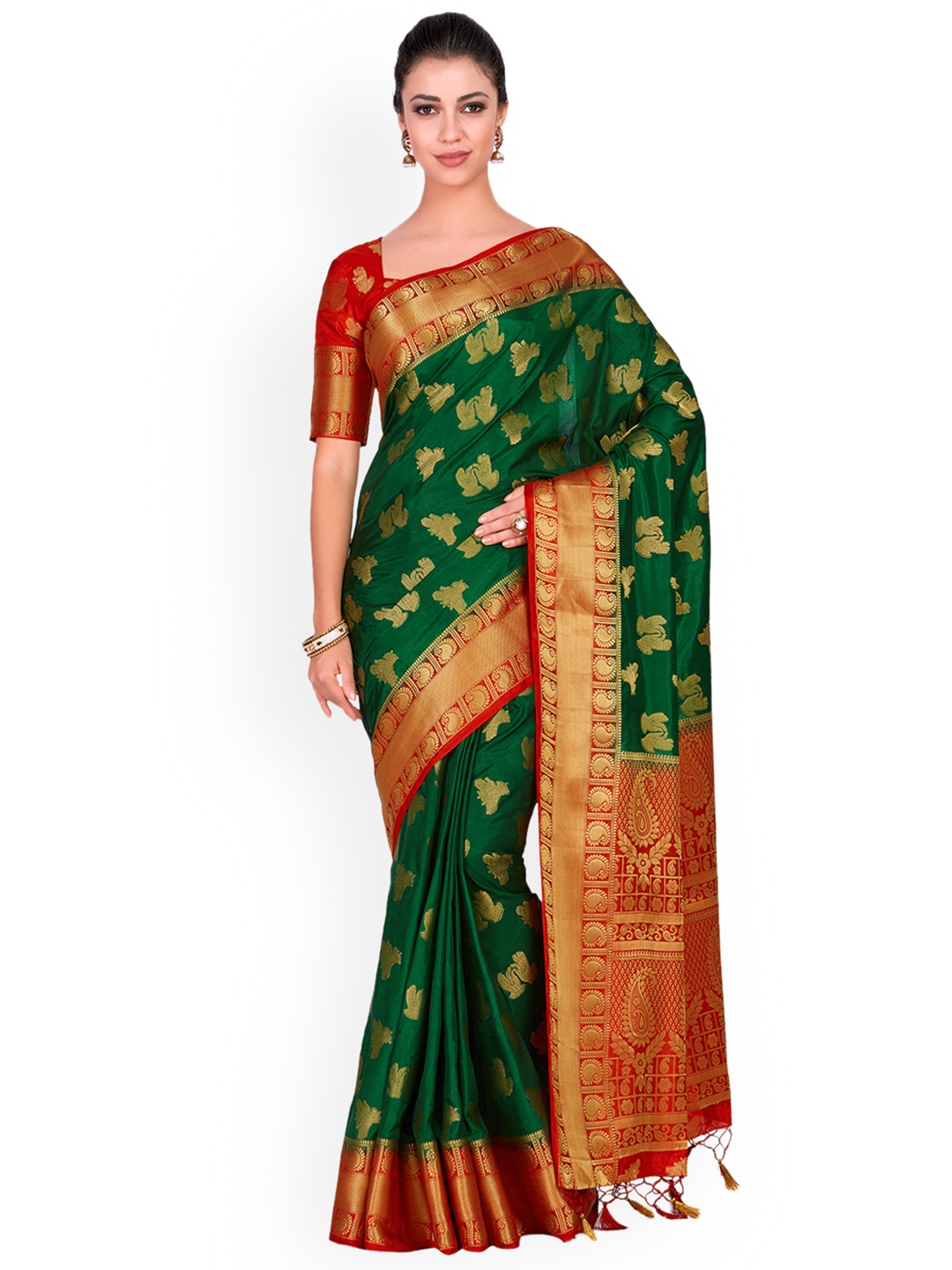 

MIMOSA Green & Rust Woven Design Kanjeevaram Saree