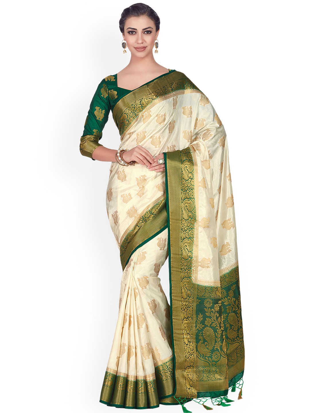 

MIMOSA Cream-Coloured & Green Woven Design Kanjeevaram Saree