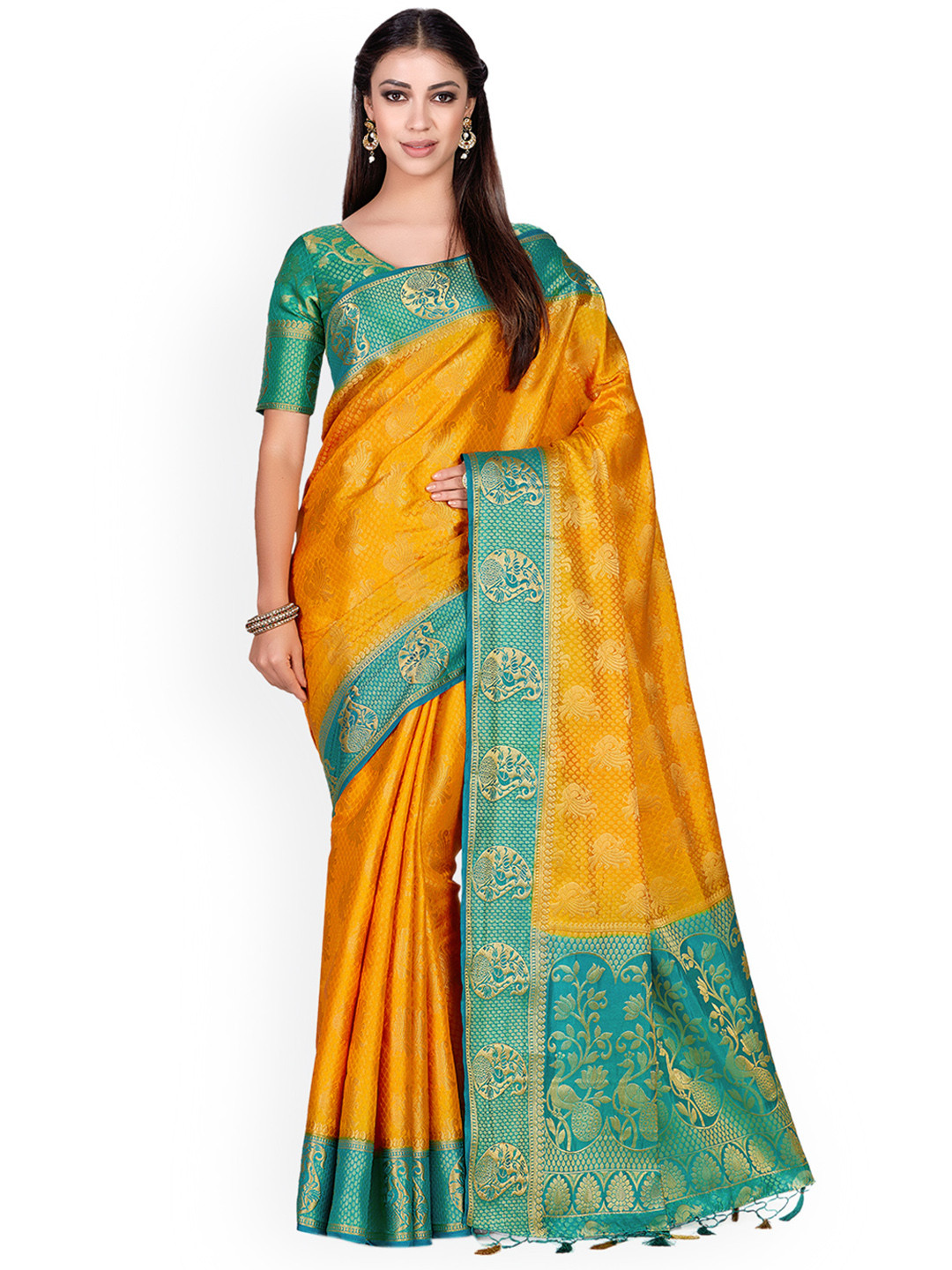 

MIMOSA Mustard Orange & Green Woven Design Kanjeevaram Saree