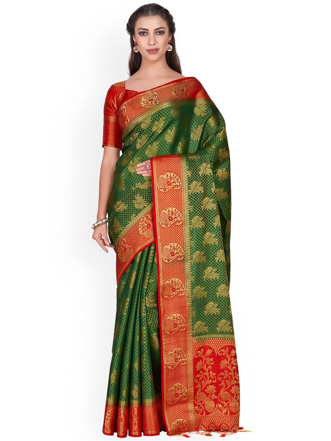 

MIMOSA Green & Red Woven Design Kanjeevaram Saree