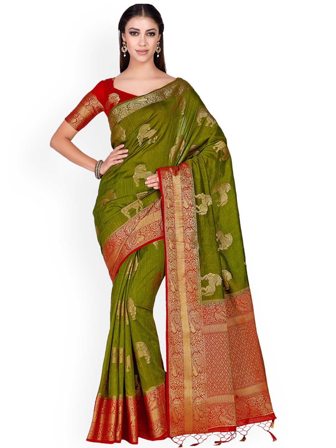 

MIMOSA Olive Green & Red Woven Design Kanjeevaram Saree