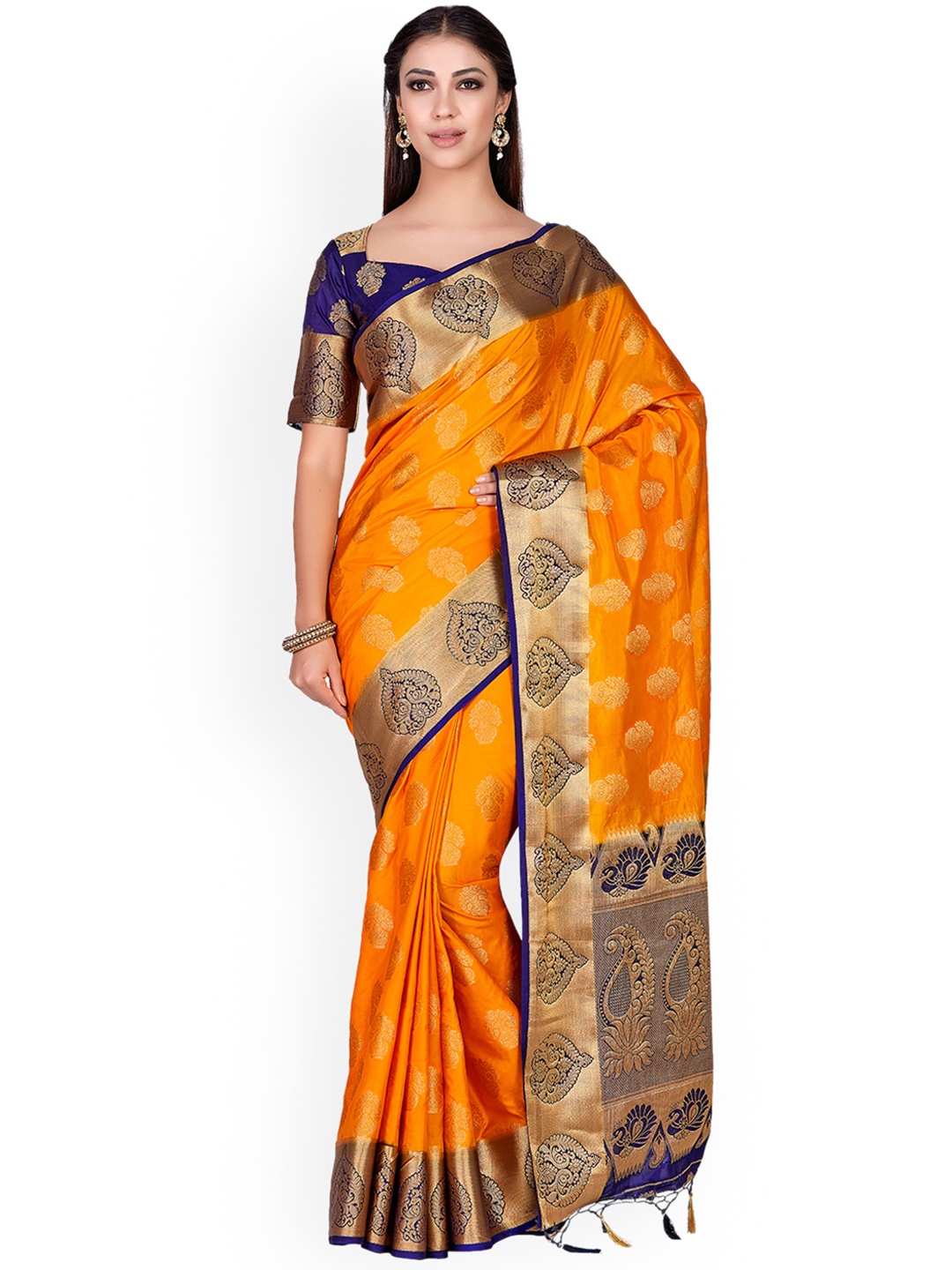 

MIMOSA Orange & Golden Woven Design Kanjeevaram Saree