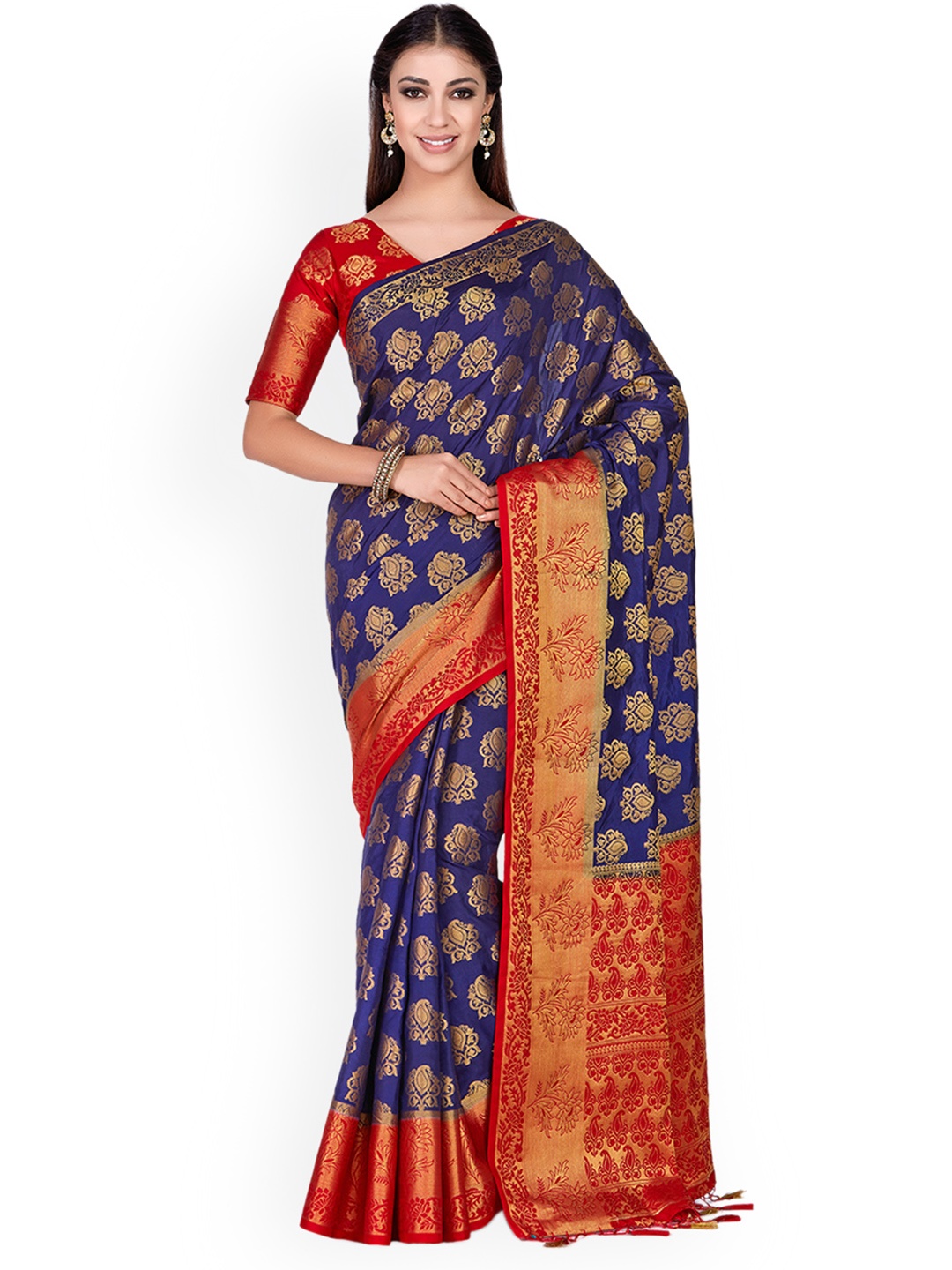 

MIMOSA Navy Blue & Golden Woven Design Kanjeevaram Saree