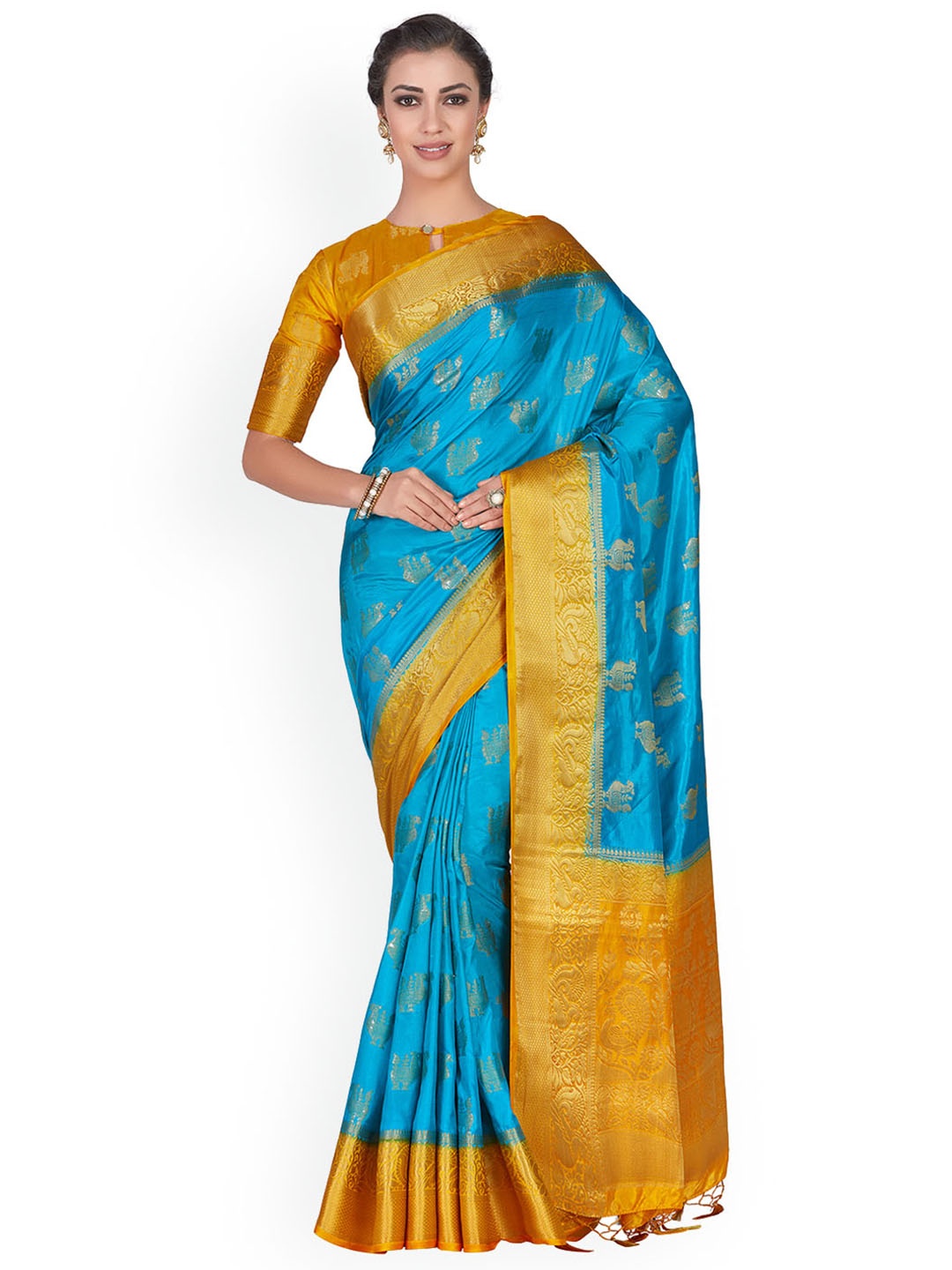 

MIMOSA Turquoise Blue & Mustard Yellow Woven Design Kanjeevaram Saree