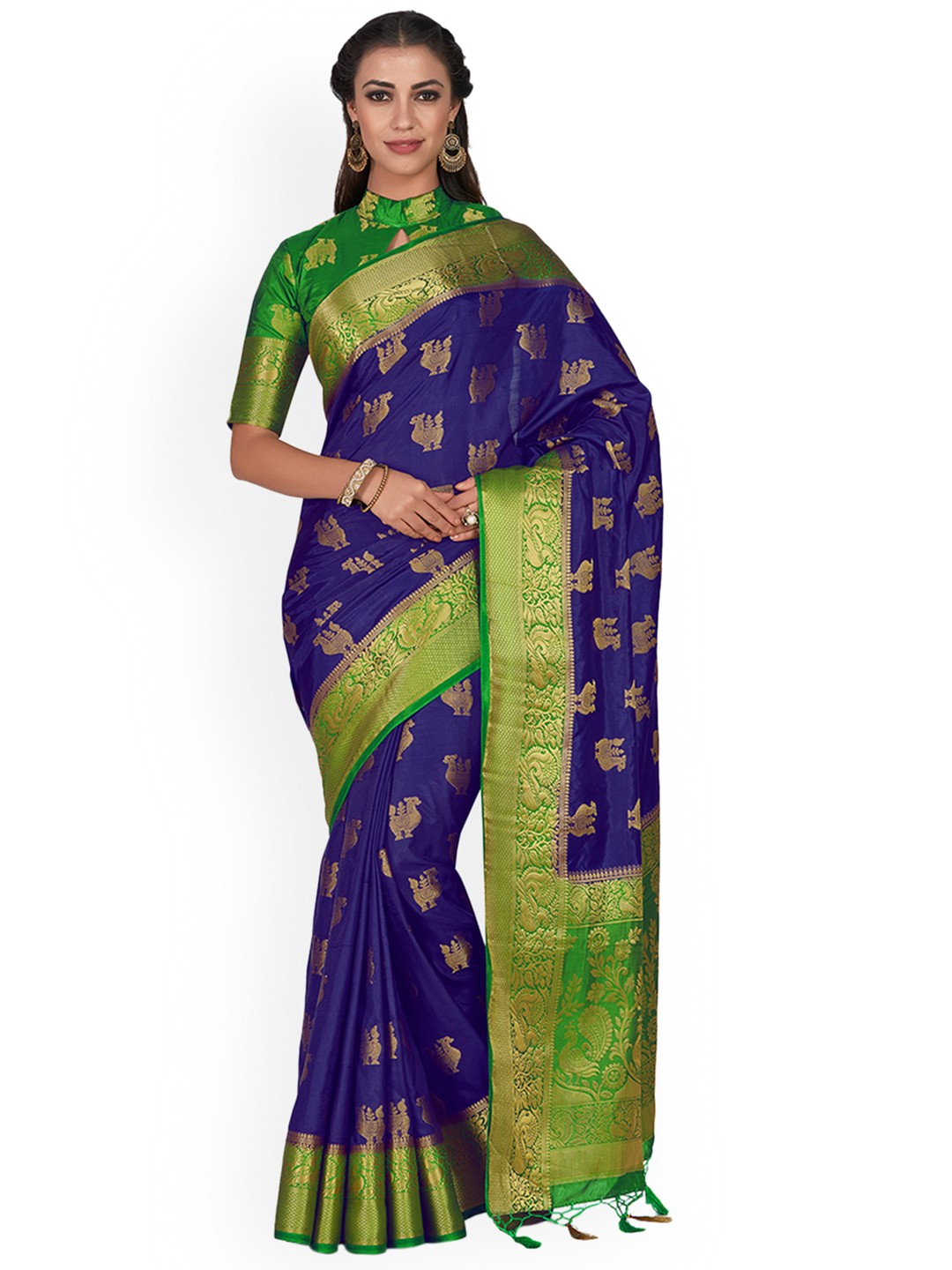 

MIMOSA Navy & Green Woven Design Kanjeevaram Saree, Navy blue