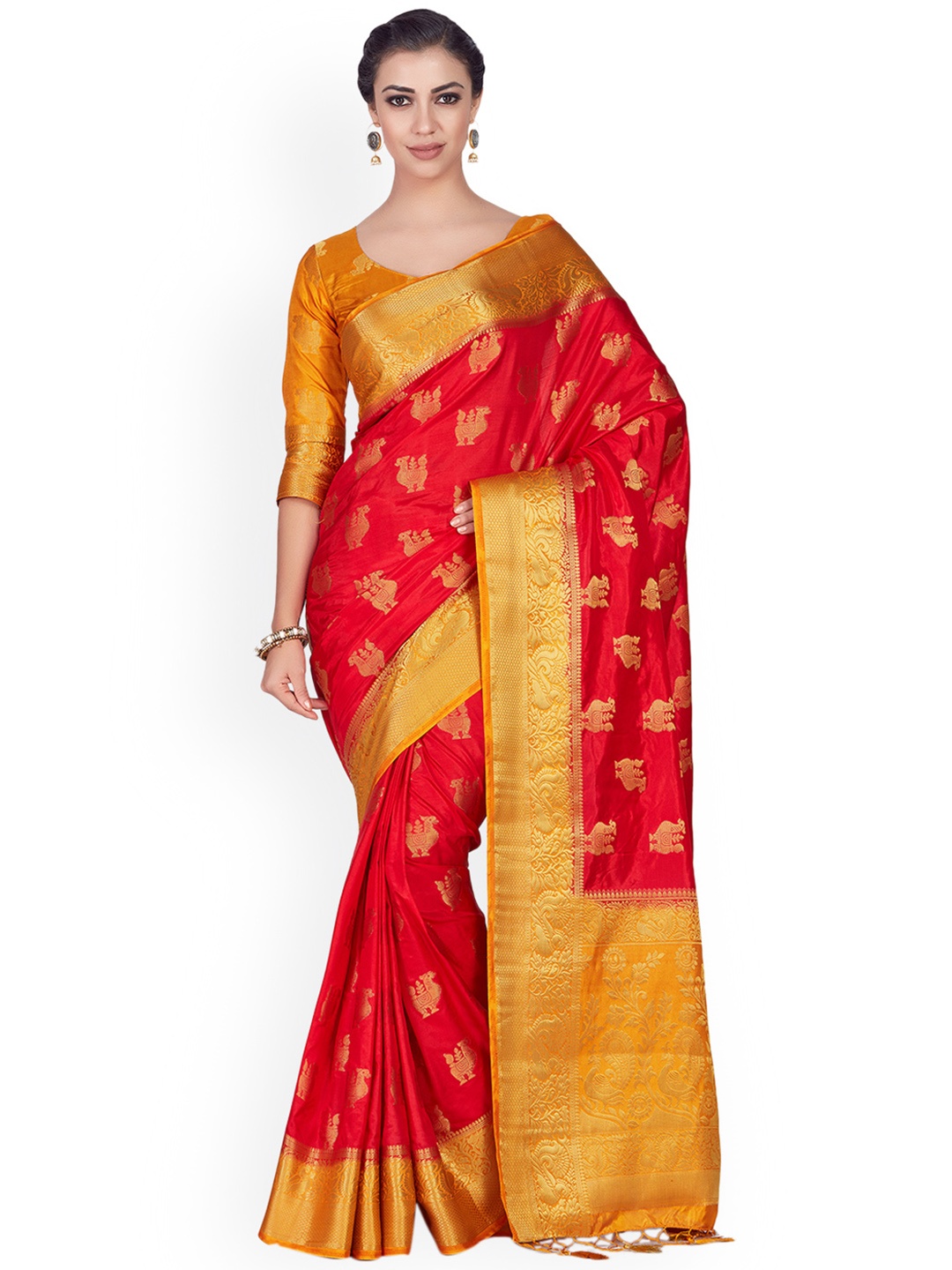 

MIMOSA Red & Mustard Yellow Woven Design Kanjeevaram Saree