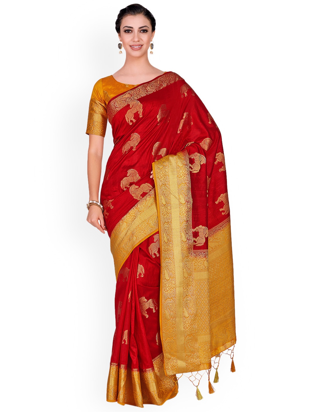 

MIMOSA Red & Mustard Yellow Woven Design Kanjeevaram Saree