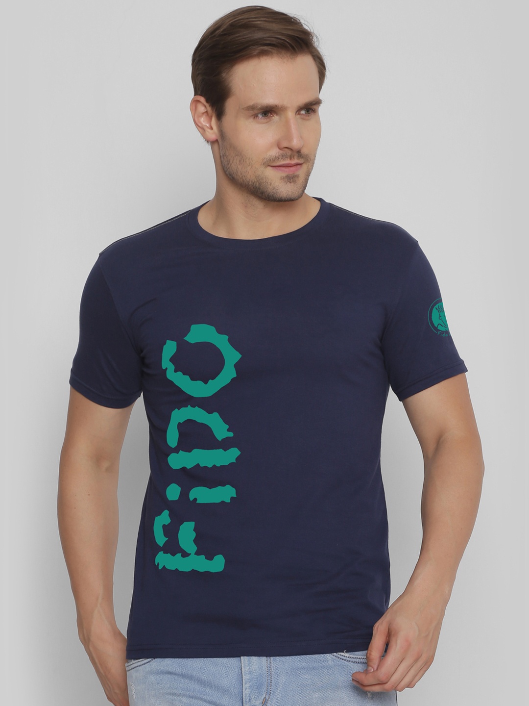 

FIDO DIDO Men Navy Blue Printed Round Neck Slim Fit T-shirt