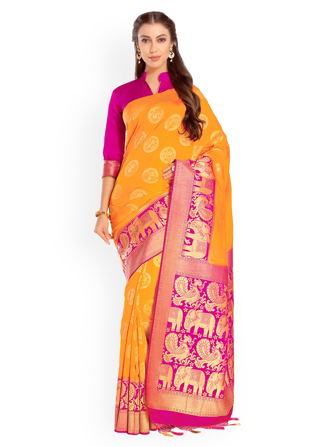 

MIMOSA Mustard & Pink Art Silk Woven Design Kanjeevaram Saree