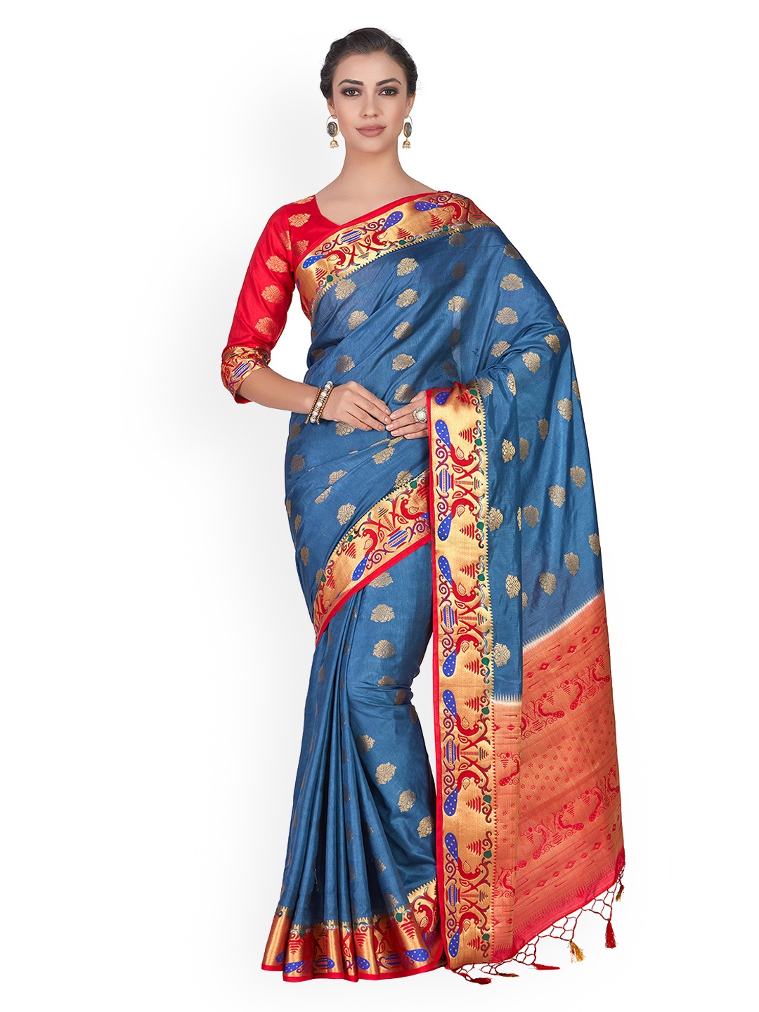 

MIMOSA Blue & Red Art Silk Woven Design Kanjeevaram Saree