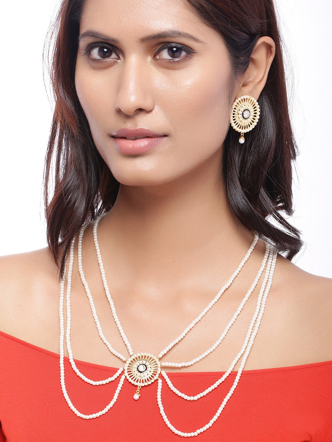 

Voylla White Alloy Gold-Plated Enamelled Layered Necklace Set