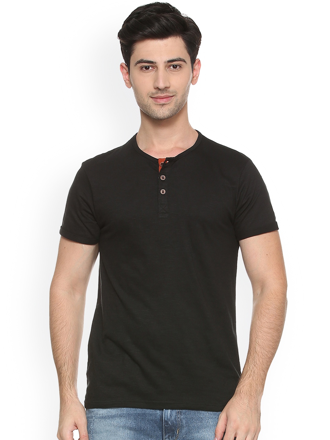 

People Men Black Solid Henley Neck T-shirt