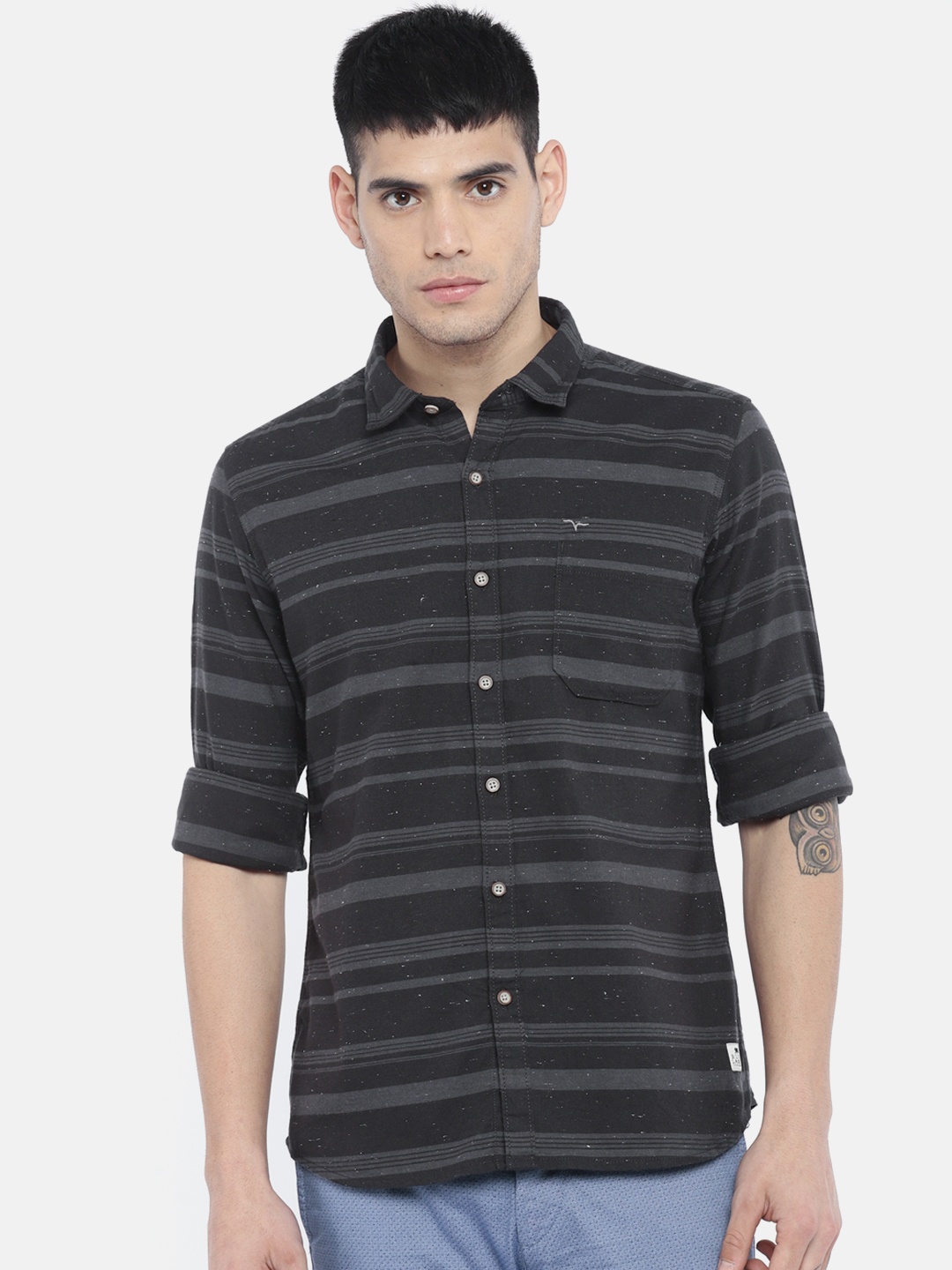 

Flying Machine Men Black & Grey Regular Fit Striped Casual Shirt