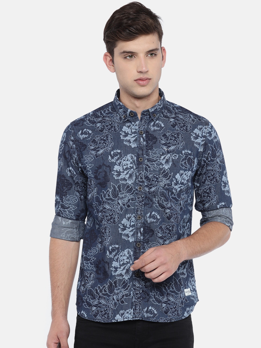 

Flying Machine Men Blue Regular Fit Printed Chambray Casual Shirt