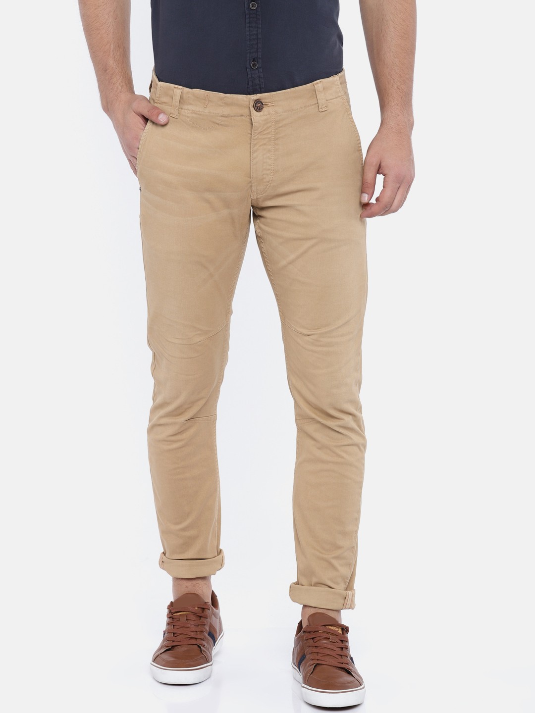 

Flying Machine Men Khaki Slim Fit Solid Regular Trousers