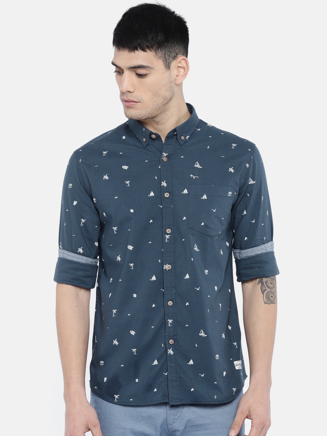 

Flying Machine Men Navy Blue Regular Fit Printed Casual Shirt