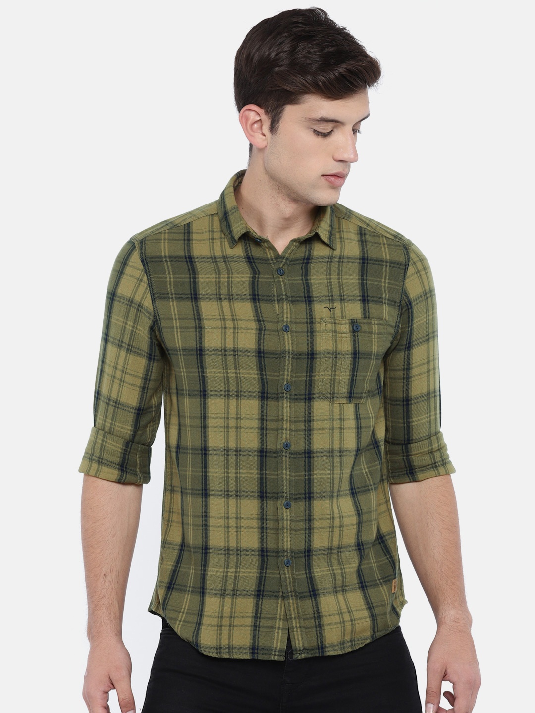 

Flying Machine Men Green & Navy Blue Regular Fit Checked Casual Shirt