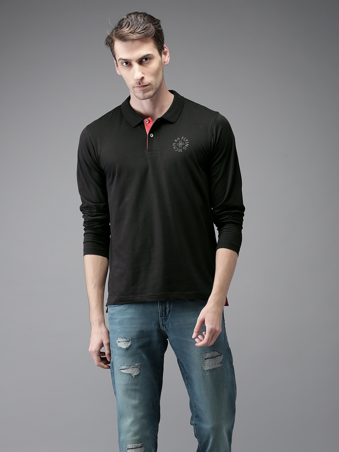 

Flying Machine Men Black Solid Polo Collar T-shirt