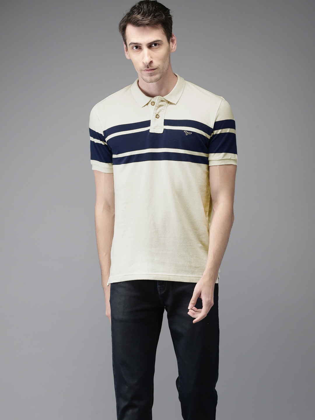 

Flying Machine Men Cream-Coloured Striped Polo Collar T-shirt