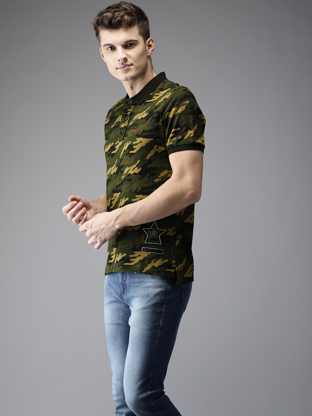 

Flying Machine Men Olive Green Brown Printed Polo Collar Pure Cotton T-shirt