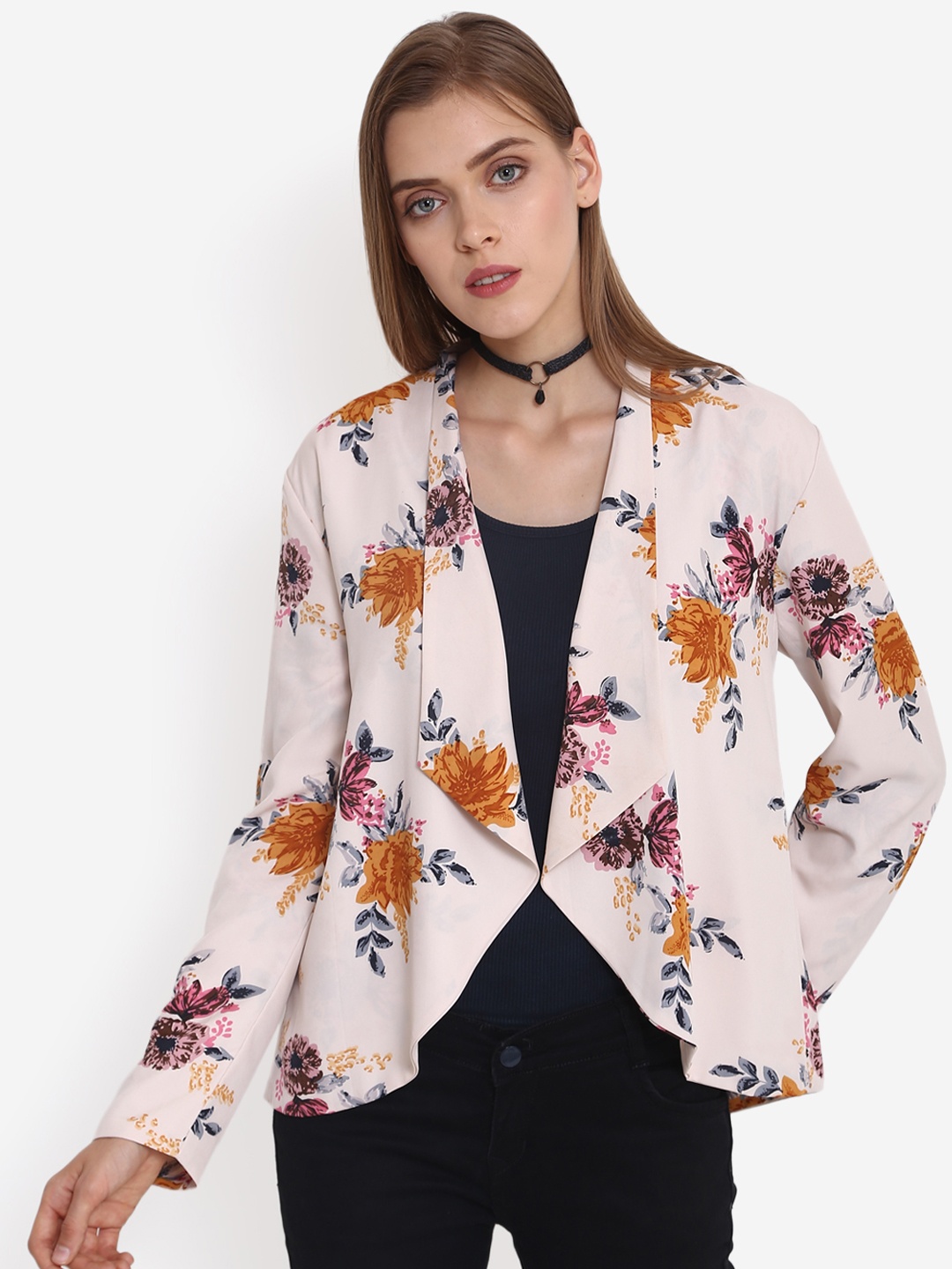 

PURYS Cream-Coloured & Brown Printed Open Front Shrug