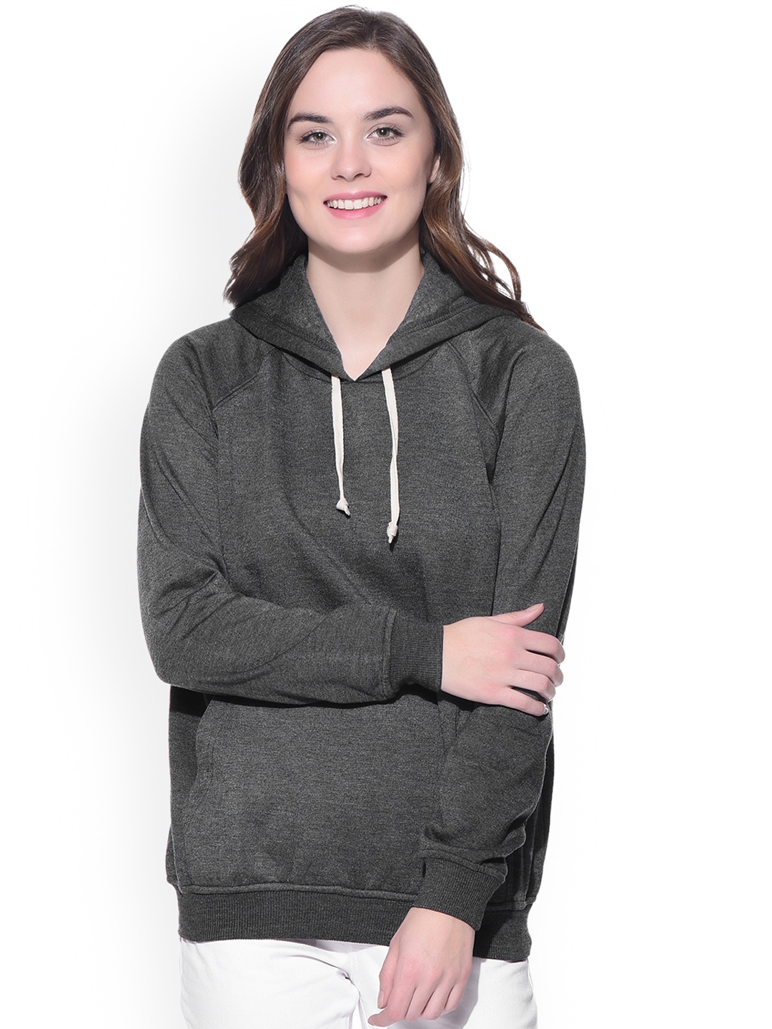 

PURYS Women Grey Solid Hooded Sweatshirt