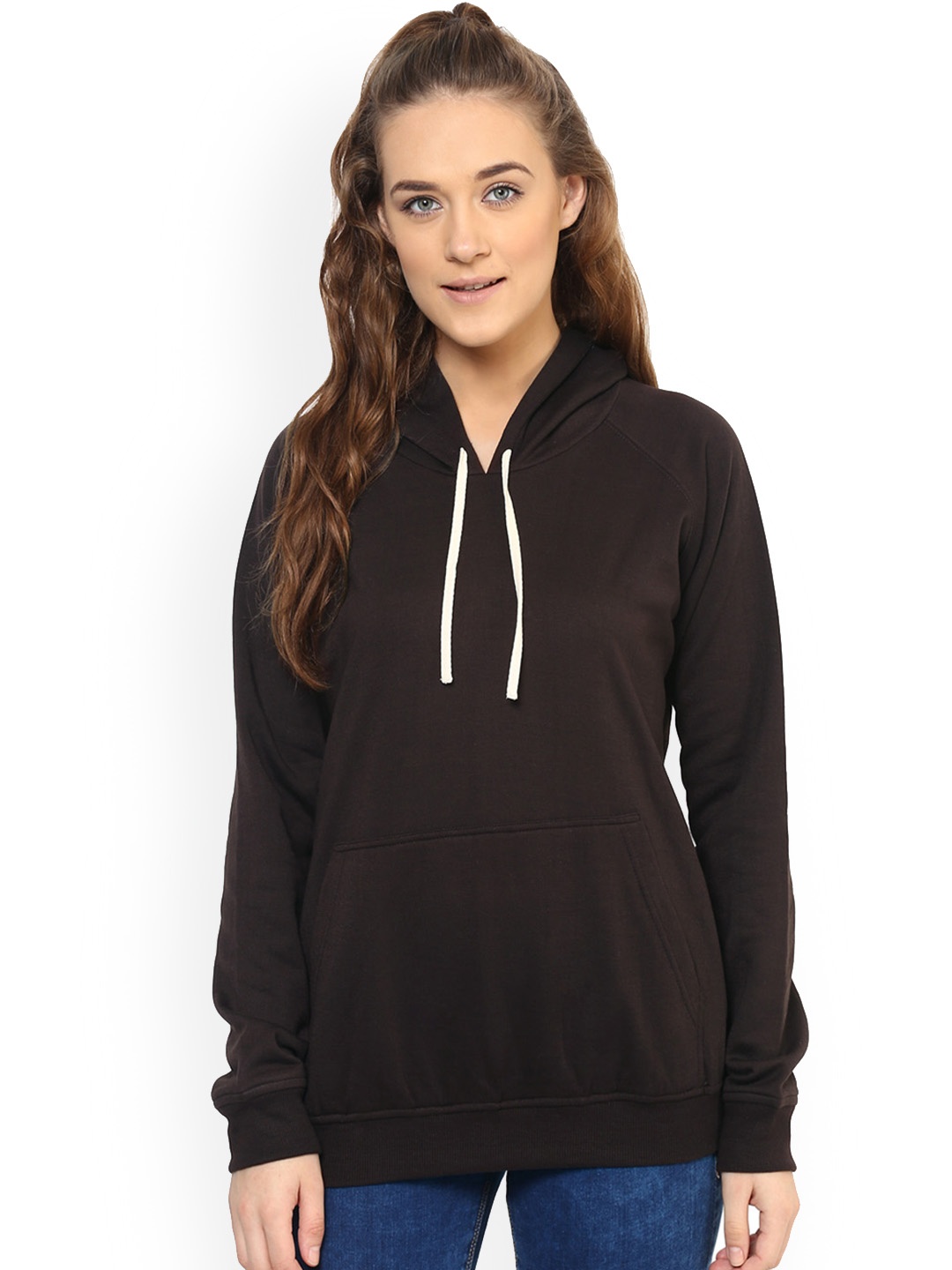 

PURYS Women Brown Solid Hooded Sweatshirt